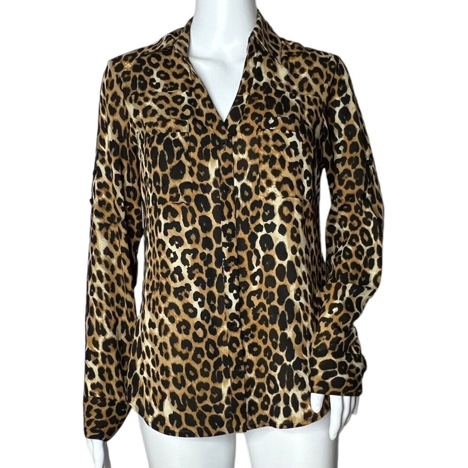 Express Shirt Womens Xs Brown Black Cheetah Print Portofino Office Professional